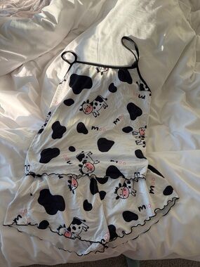 Cow Print Cotton Spaghetti-Strap Sleep Romper - White/Black